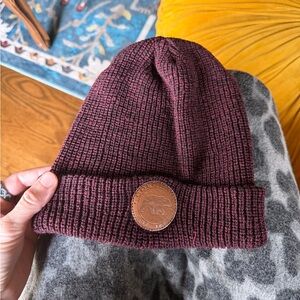 Knit Beanie with Leather Patch - Burgundy